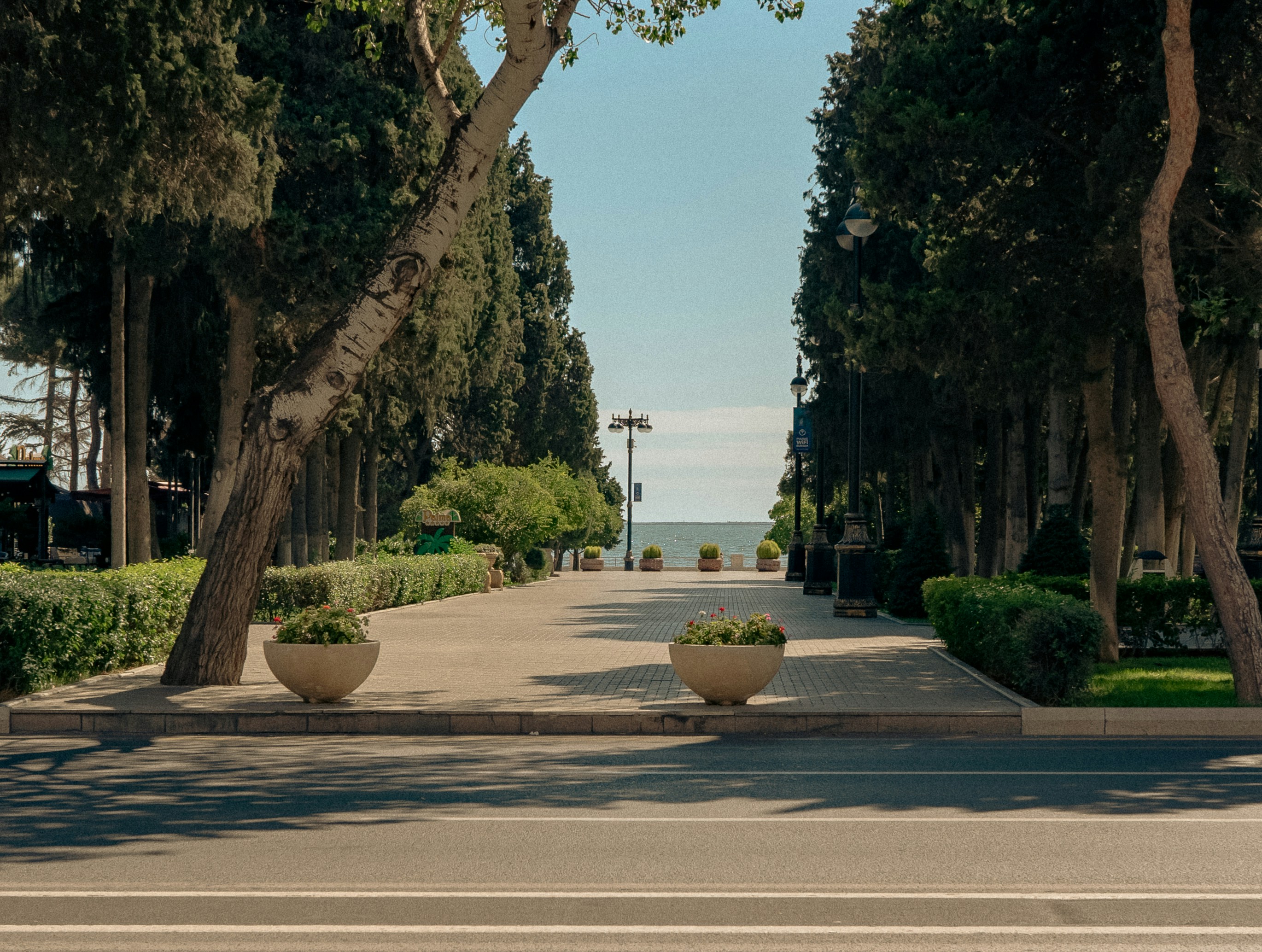 Promenade publique arborée ouverte sur la mer