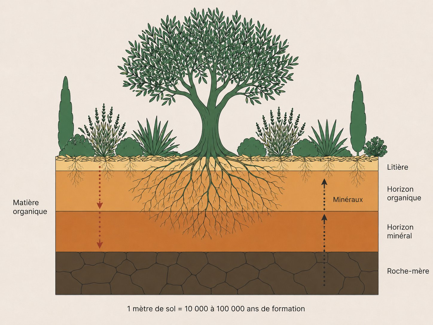 Schéma de la formation d'un sol, coupe verticale avec racines et flèches montrant matière organique et minéraux